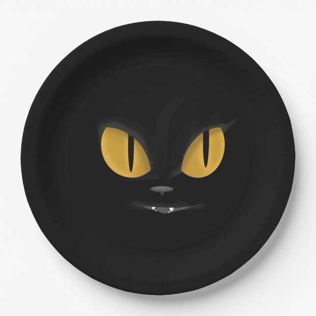Cute Mischievous Black Cat with Fangs Paper Plate (Front)