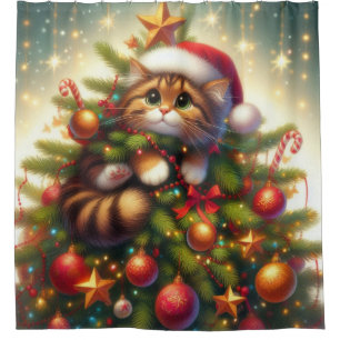 Cute, mischievous cat in the Christmas tree