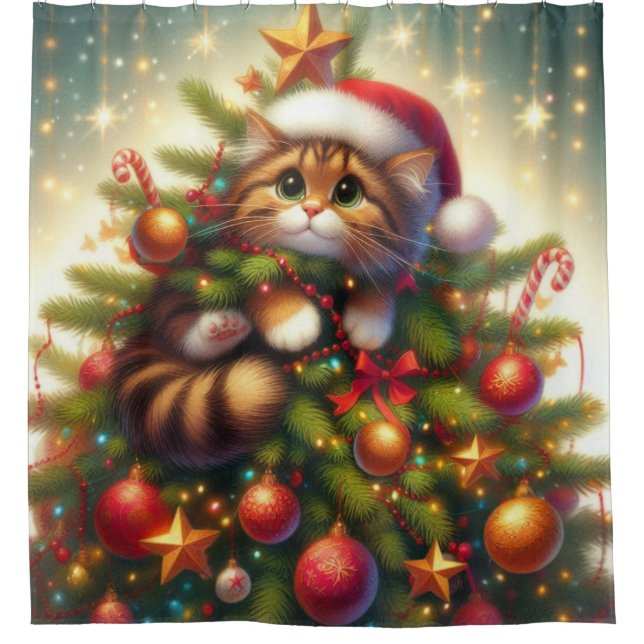 Cute, mischievous cat in the Christmas tree (Front)