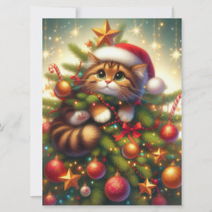 Cute, mischievous cat in the Christmas tree Holiday Card