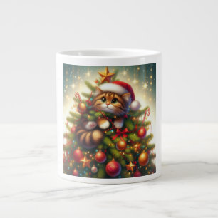 Cute, mischievous cat in the Christmas tree Large Coffee Mug