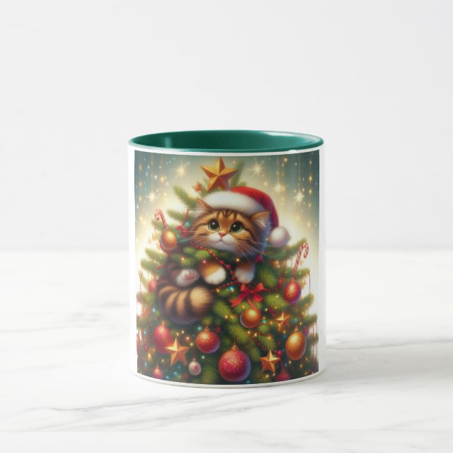 Cute, mischievous cat in the Christmas tree Mug (Center)