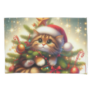 Cute, mischievous cat in the Christmas tree Pillowcase