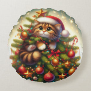 Cute, mischievous cat in the Christmas tree Round Pillow