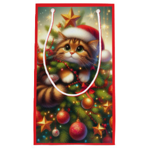 Cute, mischievous cat in the Christmas tree Small Gift Bag