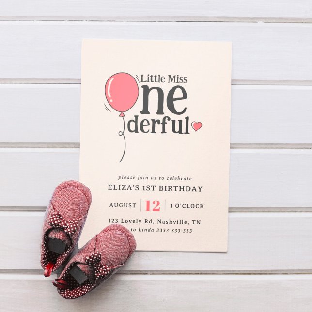 Cute Miss Onederful Pink Balloon 1st Birthday Invitation (Creator Uploaded)