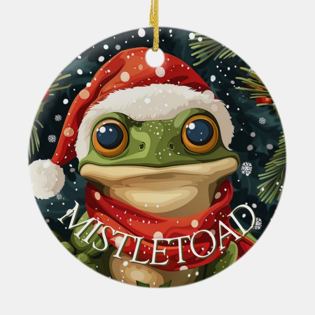 Cute Mistletoad Christmas Frog in Santa Hat Ceramic Ornament (Back)