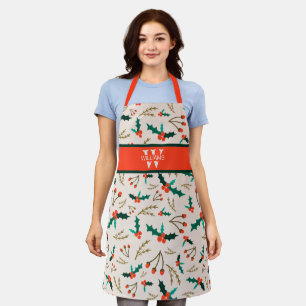 Cute Mistletoe Berry Christmas Monogram Holiday  Apron
