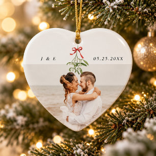 Cute Mistletoe Newlyweds Wedding Photo Monogram Ceramic Ornament