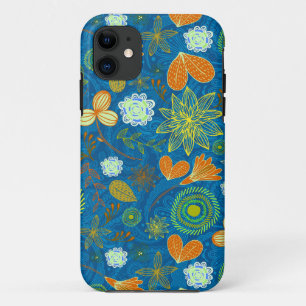 Cute mixed blue paisley colourful flowers patterns iPhone 11 case