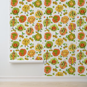 Cute mixed vegetables and fruit tiled pattern wallpaper