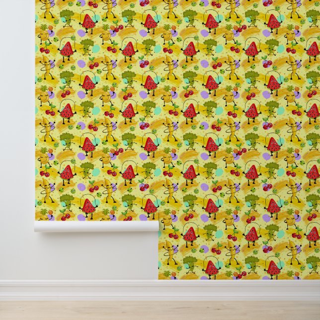 Cute mixed vegetables and fruit tiled pattern wallpaper (Application)