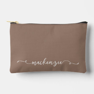 Cute Mocha White Script Typography Monogram Accessory Pouch