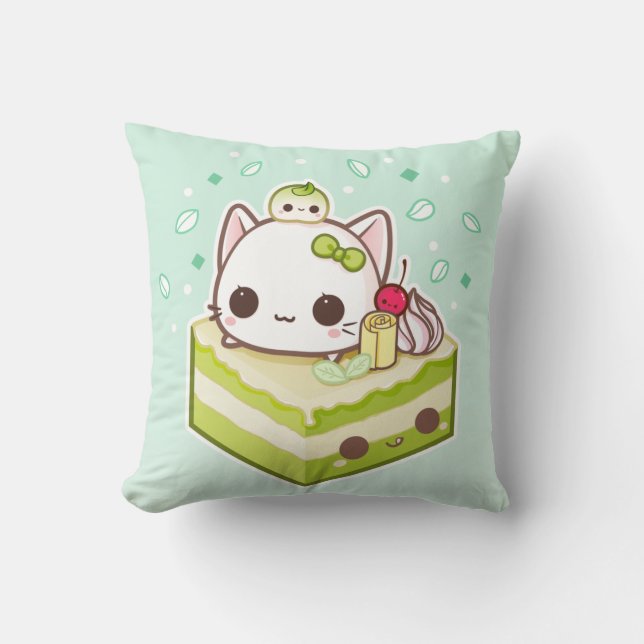 Cute mochi kitty with kawaii green tea cake throw pillow (Front)