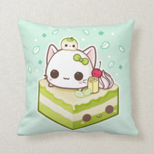 Cute mochi kitty with kawaii green tea cake throw pillow