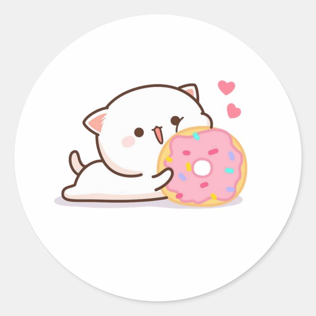 Cute Mochi Peach Cat And Doughnut Classic Round Sticker (Front)