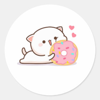 Cute Mochi Peach Cat And Doughnut Classic Round Sticker