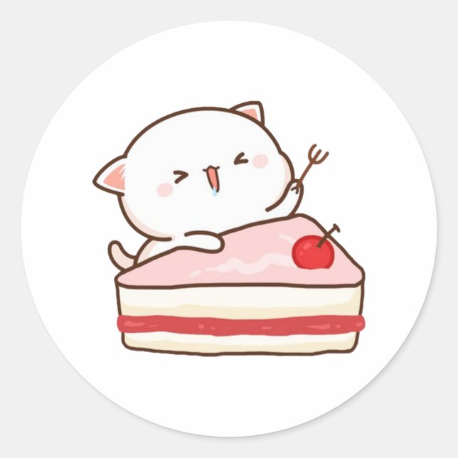 Cute Mochi Peach Cat Loves Cake Classic Round Sticker (Front)