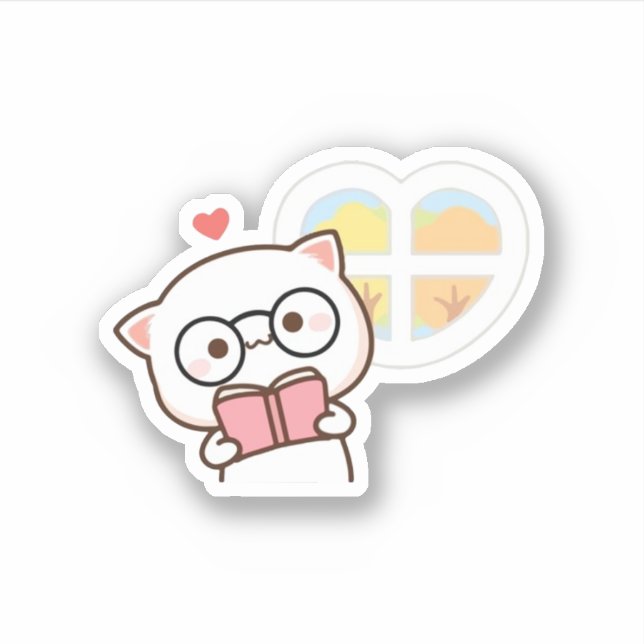 Cute Mochi Peach Cat Reading Book (Front)