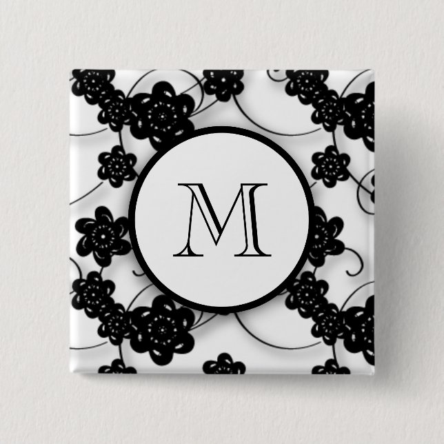 Cute Mod Black Flowers Pattern, Your Initial 2 Inch Square Button (Front)