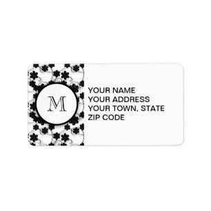 Cute Mod Black Flowers Pattern, Your Initial Label