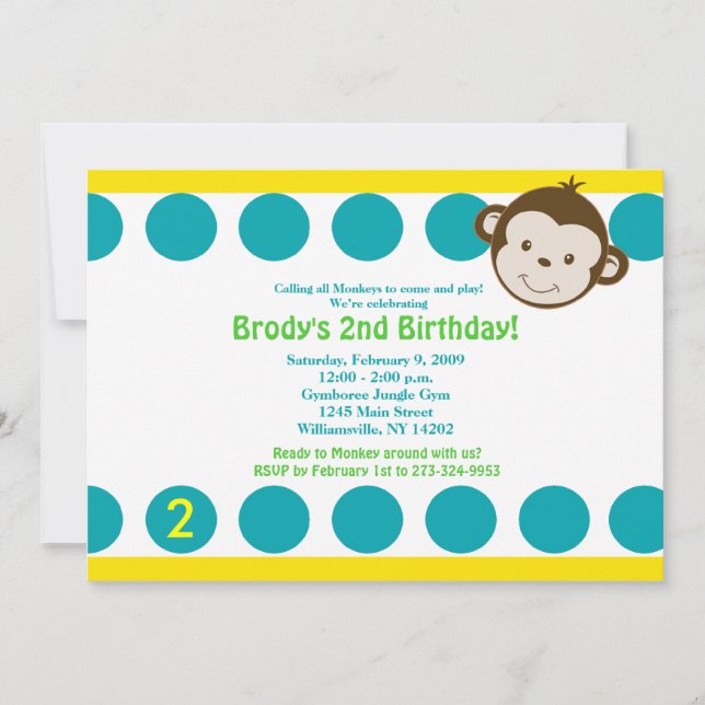 Cute Mod Monkey Blue/Yellow Birthday 5x7 Invitation (Front)