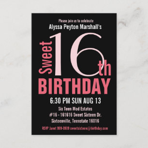 Cute Mod Pink and Black Sweet 16th Party Invitation