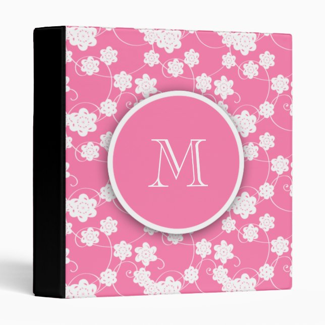 Cute Mod Pink Flowers Pattern, Your Initial Binder (Front/Spine)