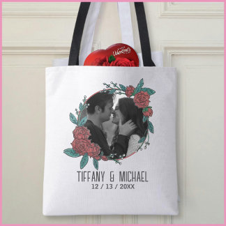 Cute Modern 1 Photo Couples Names Date Married Tote Bag