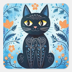 Cute Modern Abstract Black Cat in Fall Tones Square Sticker