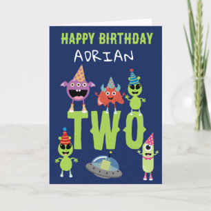 Cute Modern Alien Monster Space Kids Birthday Card