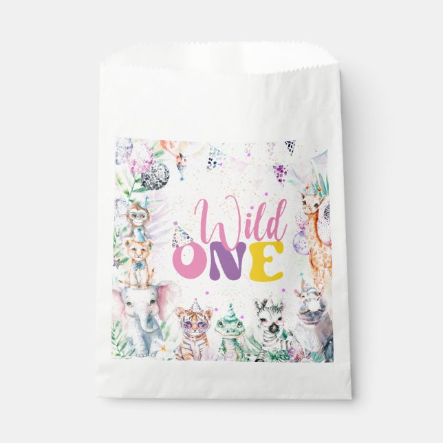 Cute Modern Animals Safari Wild One Birthday Party Favour Bag (Front)