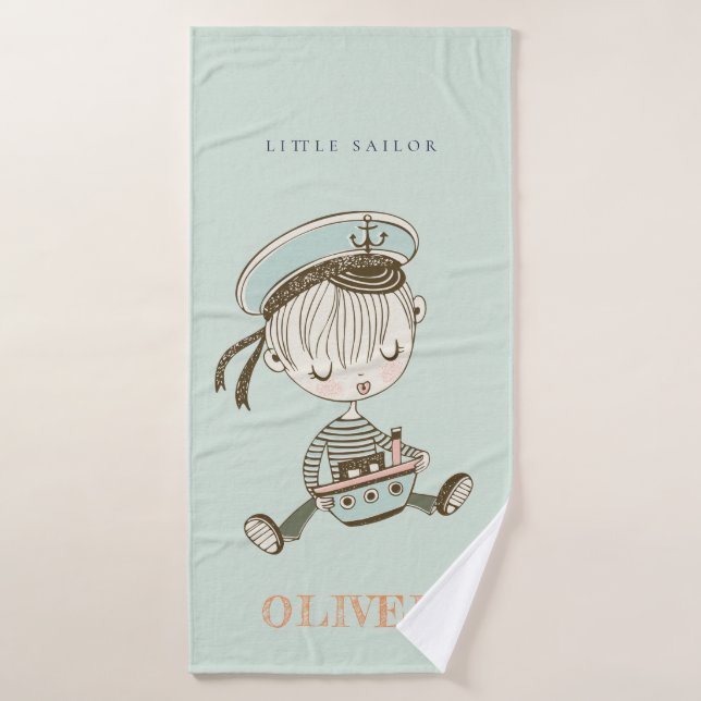 Cute Modern Aqua Blue Boys Little Sailor Nautical Bath Towel Set (Bath Towel)