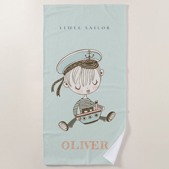 Cute Modern Aqua Blue Boys Little Sailor Nautical Beach Towel (Front)