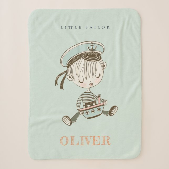 Cute Modern Aqua Blue Boys Little Sailor Nautical Sherpa Blanket (Front)
