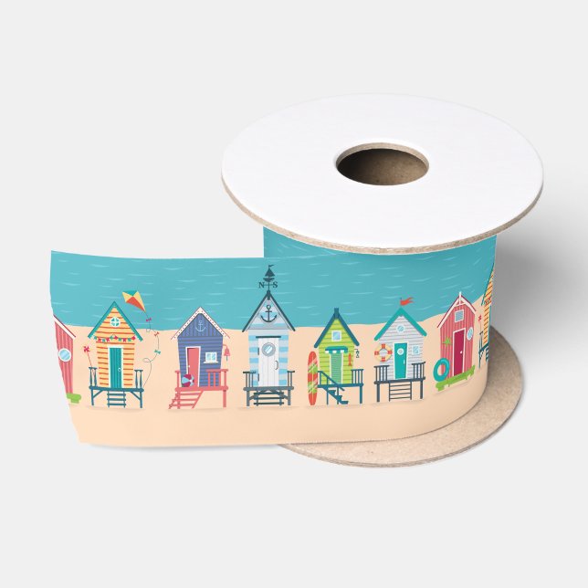 Cute Modern Beach Huts Summer Holiday Art Satin Ribbon (Spool)