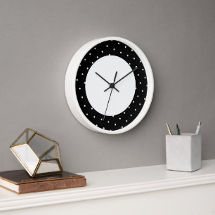 Cute Modern Black Polka Dotted Outer Rim On White Clock