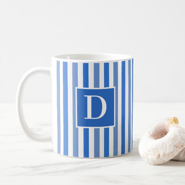 Cute Modern Blue and White Striped Single Initial Coffee Mug (With Donut)