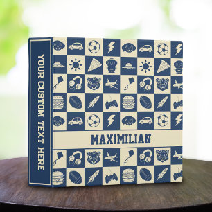Cute Modern Blue Checkered Icons Pattern Boy's Fun Binder