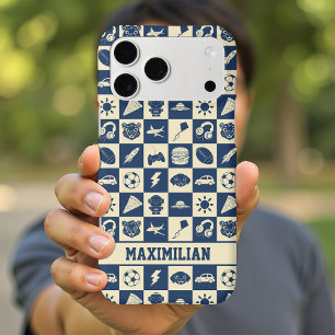 Cute Modern Blue Chequered Icons Pattern Boy's Fun