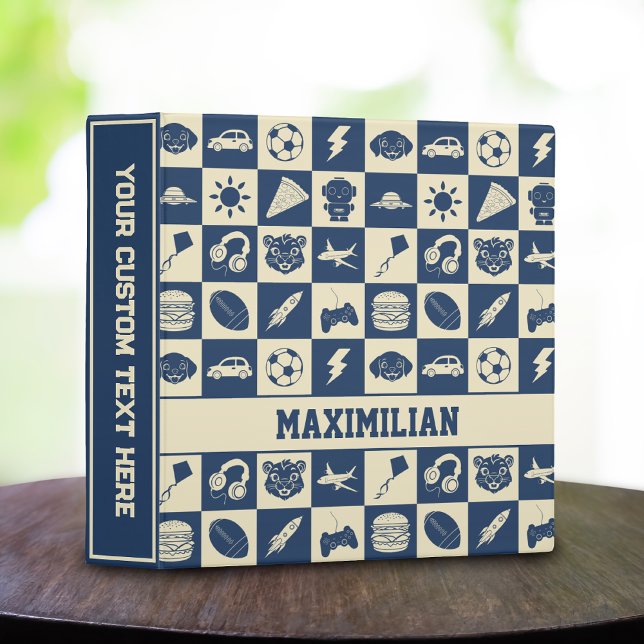 Cute Modern Blue Chequered Icons Pattern Boy's Fun Binder (Creator Uploaded)