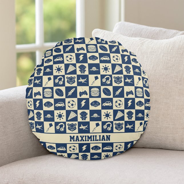 Cute Modern Blue Chequered Icons Pattern Boy's Fun Round Pillow (Creator Uploaded)