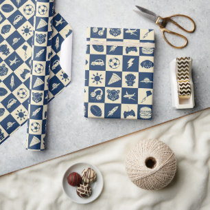 Cute Modern Blue Chequered Icons Pattern Boy's Fun Wrapping Paper