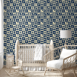 Cute Modern Blue Chequered Icons Pattern Boy's Wallpaper