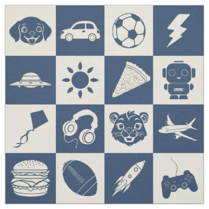 Cute Modern Blue Chequered Icons Pattern Children Fabric