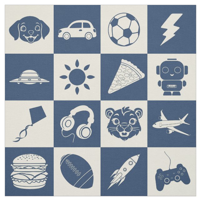 Cute Modern Blue Chequered Icons Pattern Children Fabric (Swatch)