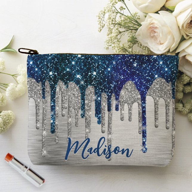 Cute modern Blue Glitter Drips monogram  Accessory Pouch (Creator Uploaded)