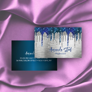 Cute modern Blue Glitter Drips monogram Business Card
