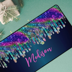 Cute modern Blue Glitter Drips monogram Desk Mat