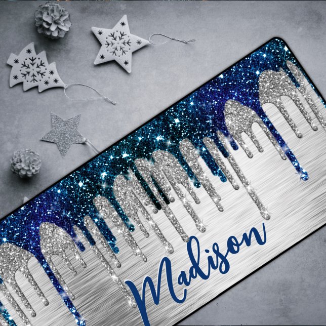 Cute modern Blue Glitter Drips monogram Desk Mat (Creator Uploaded)